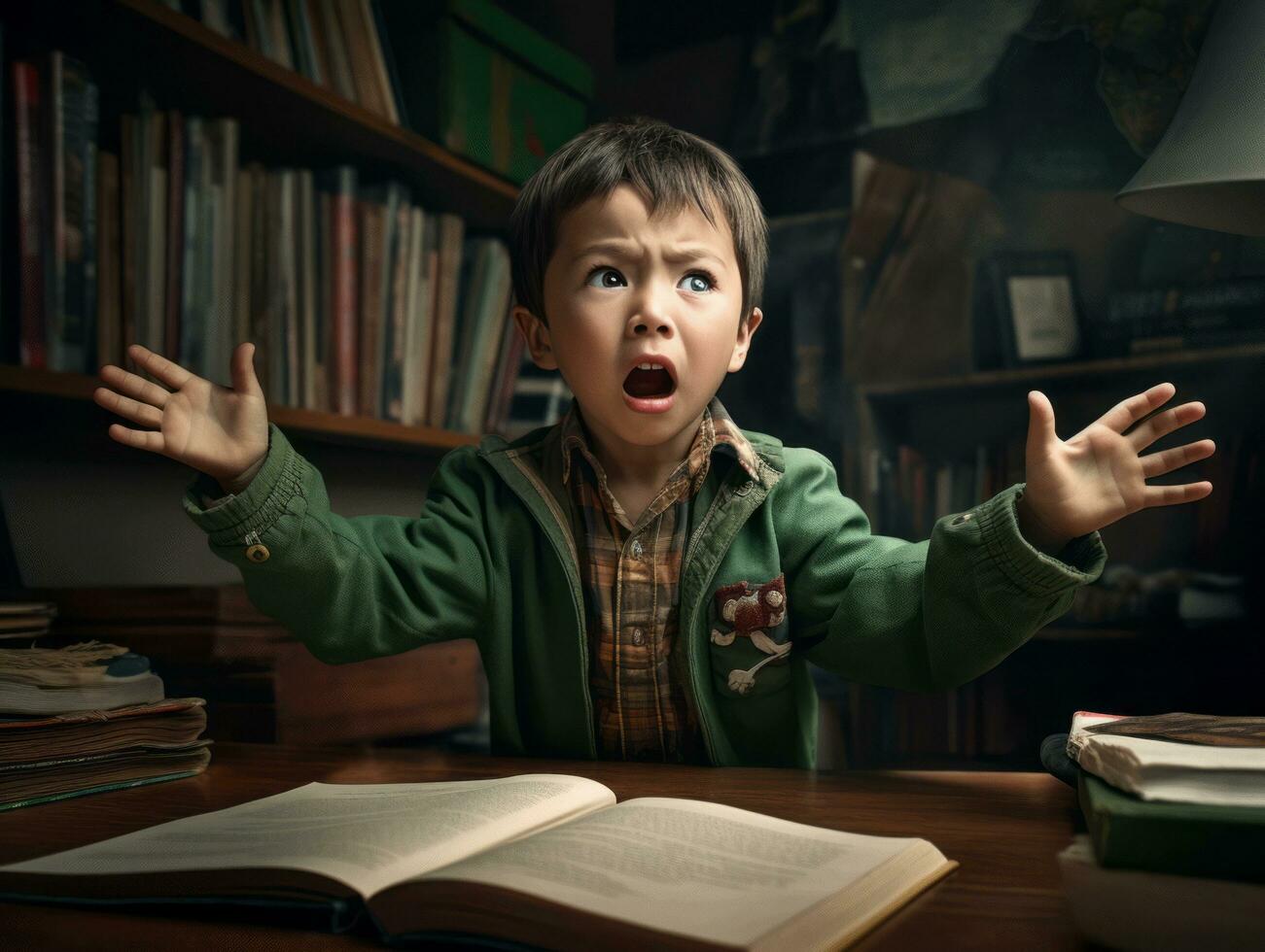 Asian kid in emotional dynamic pose in school AI Generative photo
