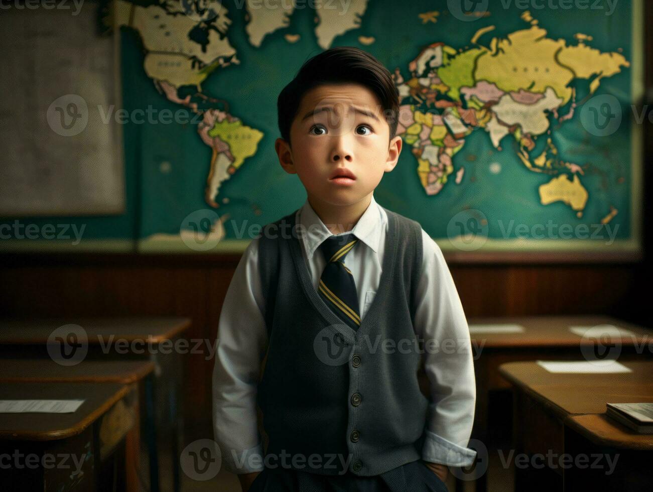 Asian kid in emotional dynamic pose in school AI Generative photo