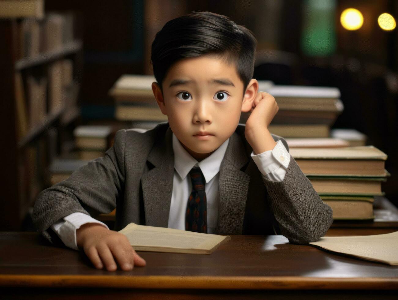 Asian kid in emotional dynamic pose in school AI Generative photo
