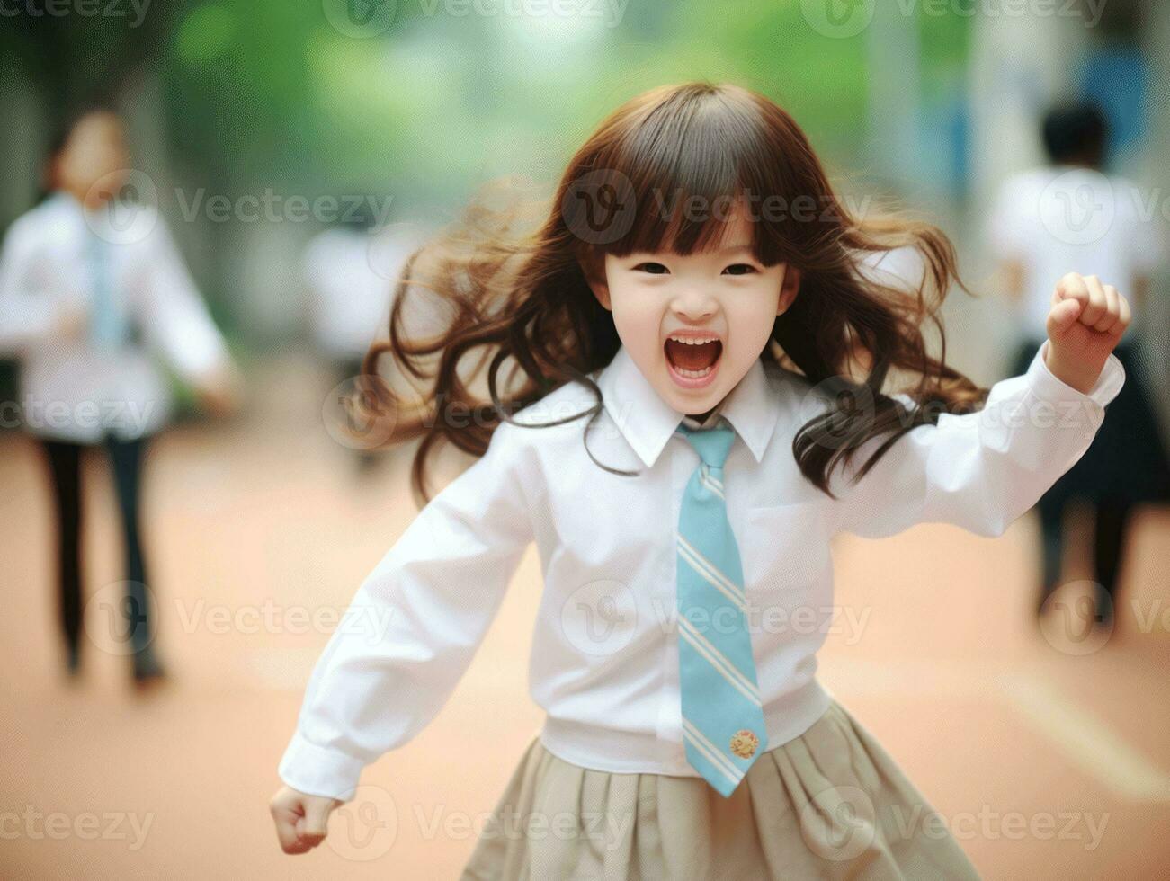 Asian kid in emotional dynamic pose in school AI Generative photo