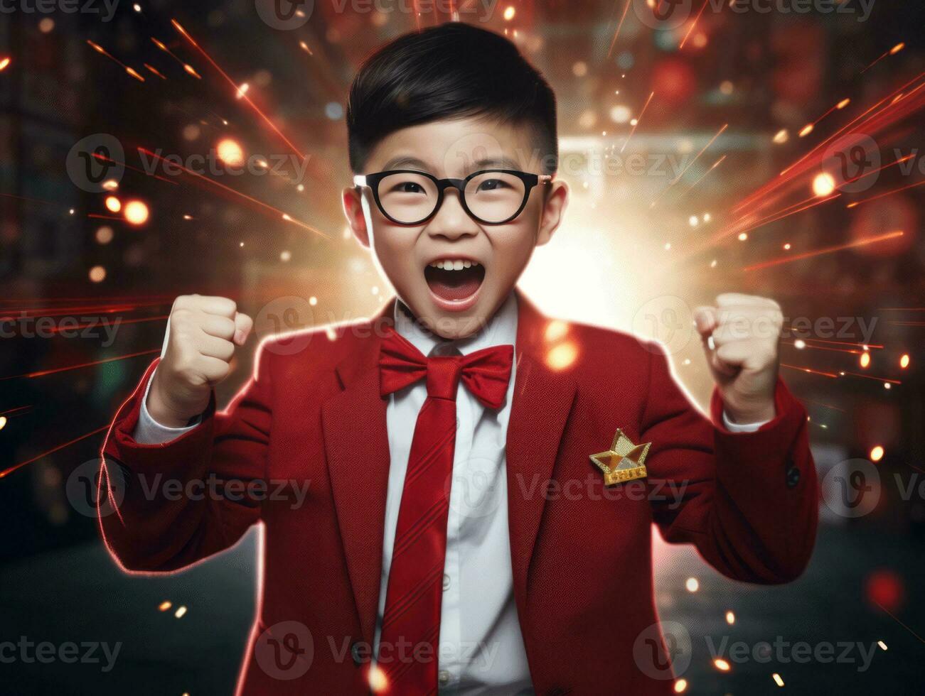 Asian kid in emotional dynamic pose in school AI Generative photo