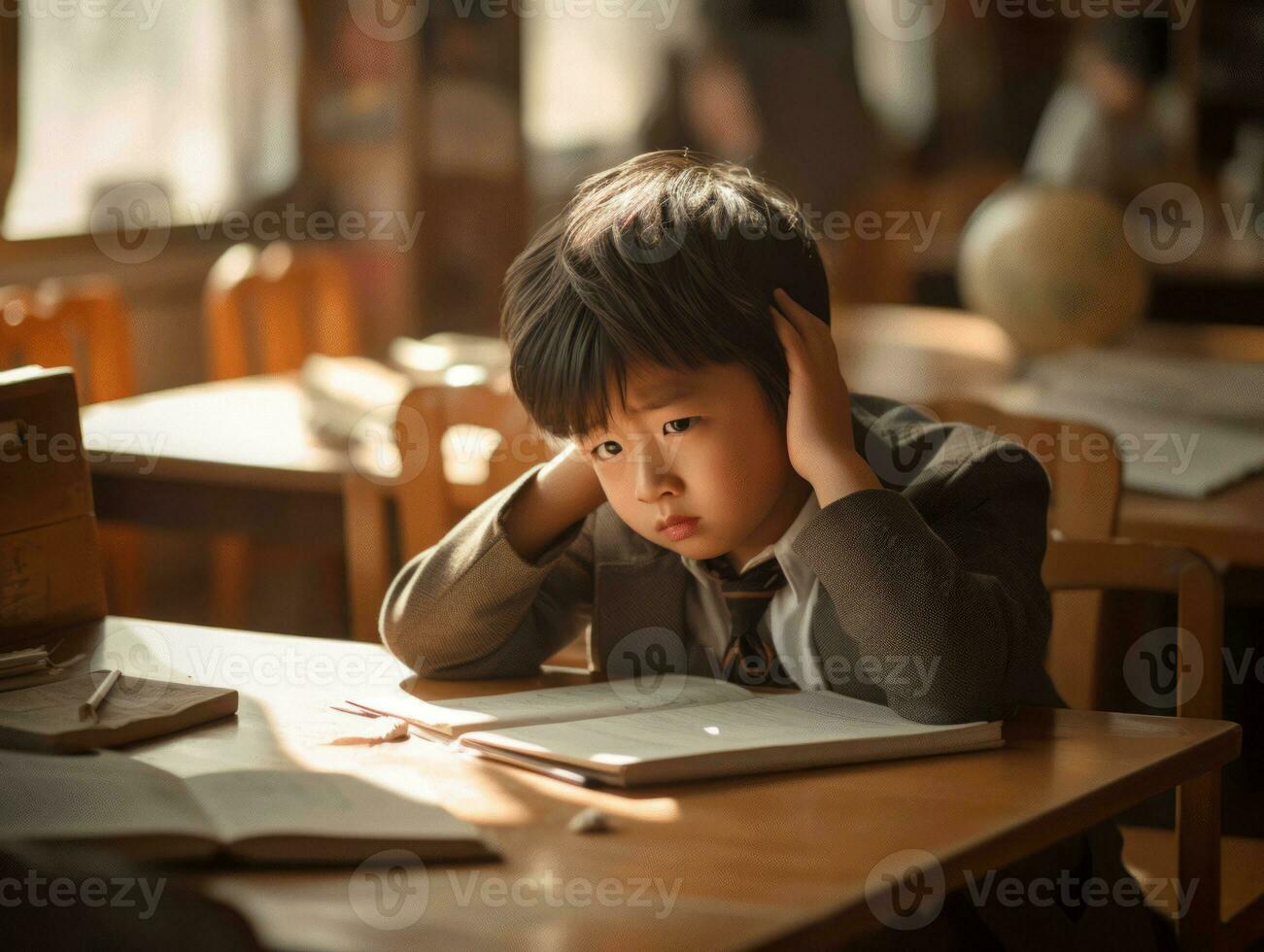 Asian kid in emotional dynamic pose in school AI Generative photo