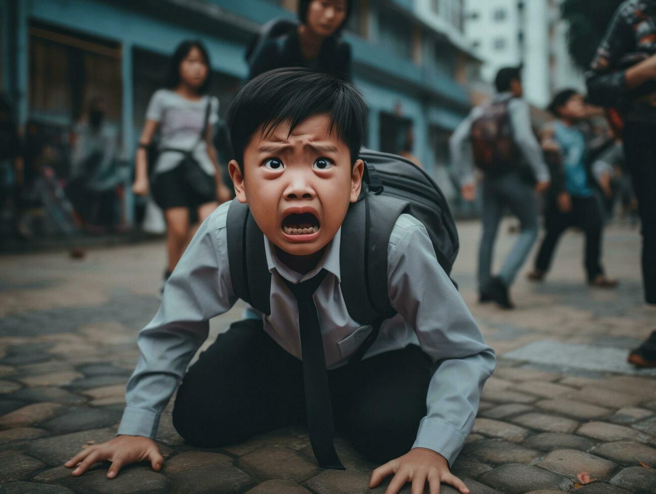 Asian kid in emotional dynamic pose in school AI Generative photo