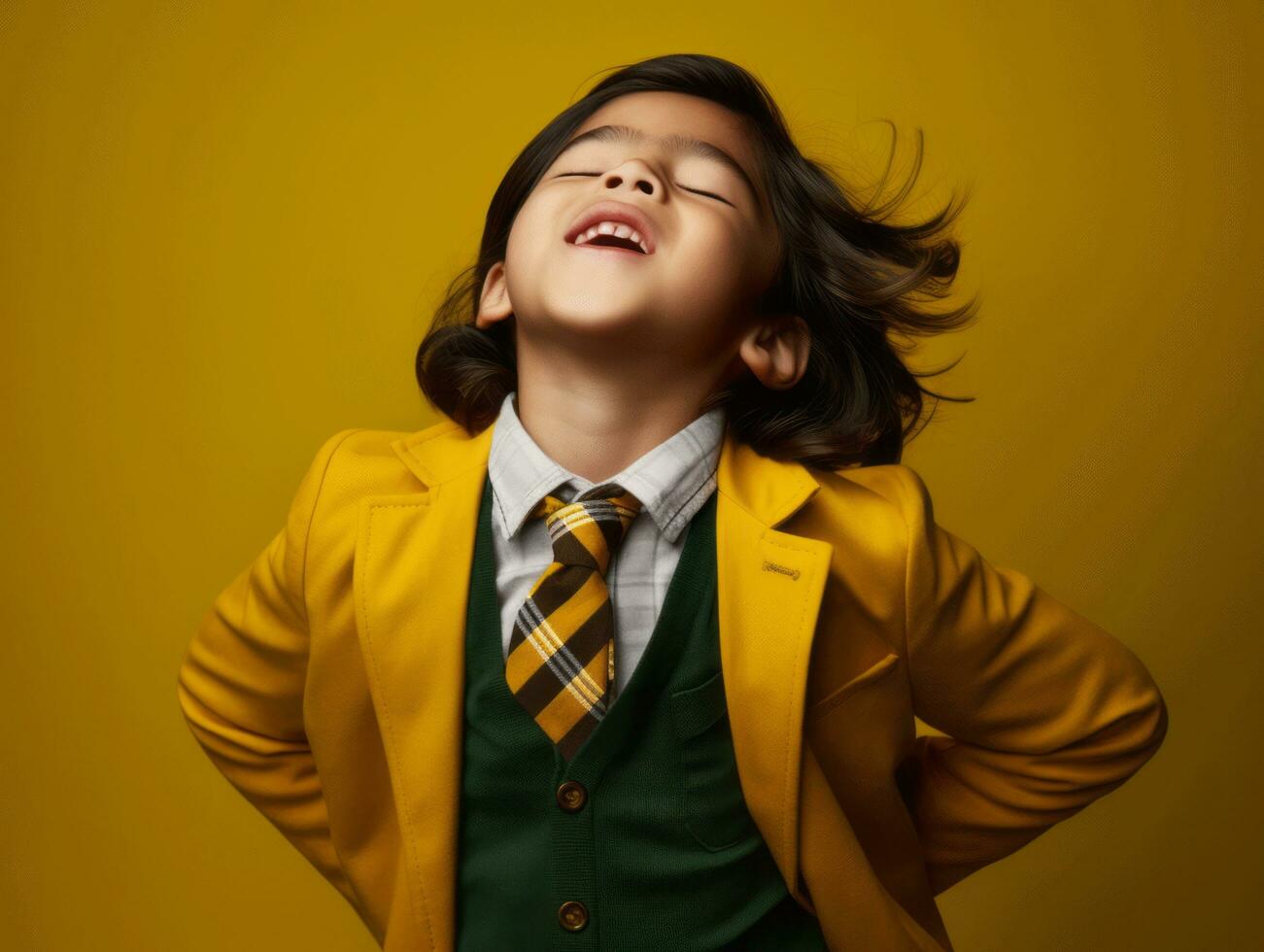 Asian kid in emotional dynamic pose in school AI Generative photo