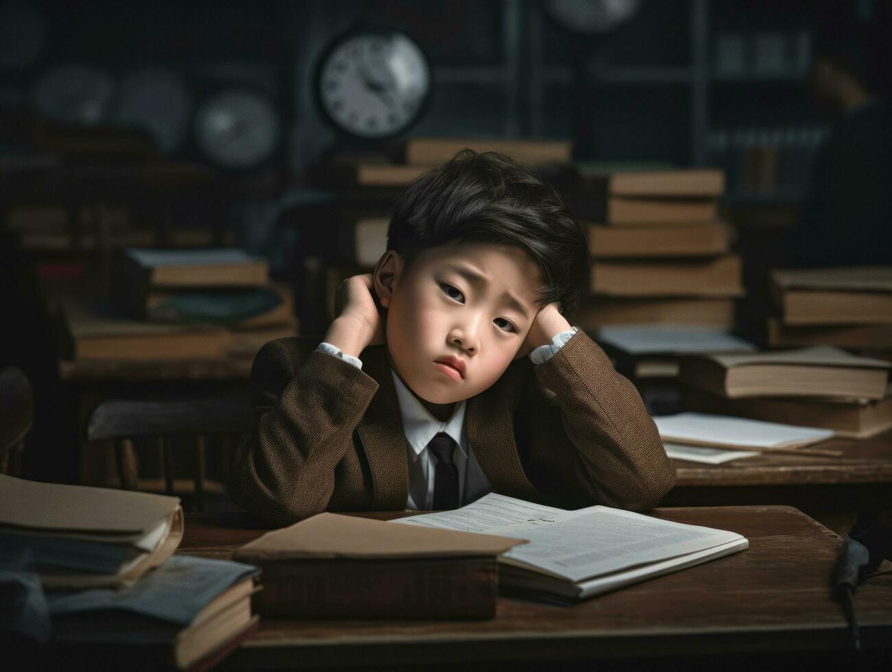 asiático niño en emocional dinámica actitud en colegio ai generativo foto