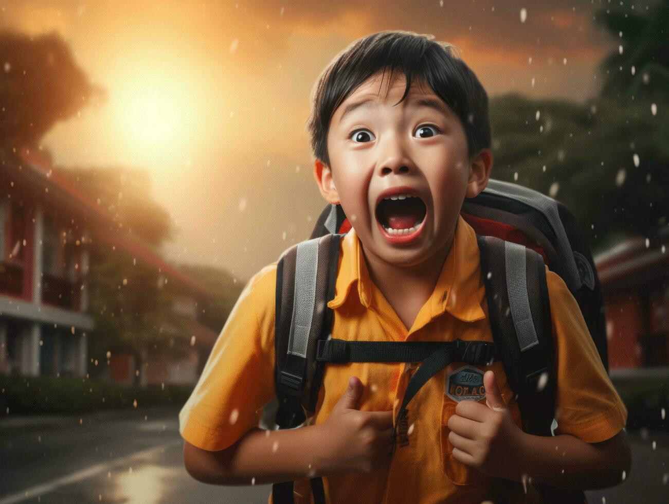 Asian kid in emotional dynamic pose in school AI Generative photo