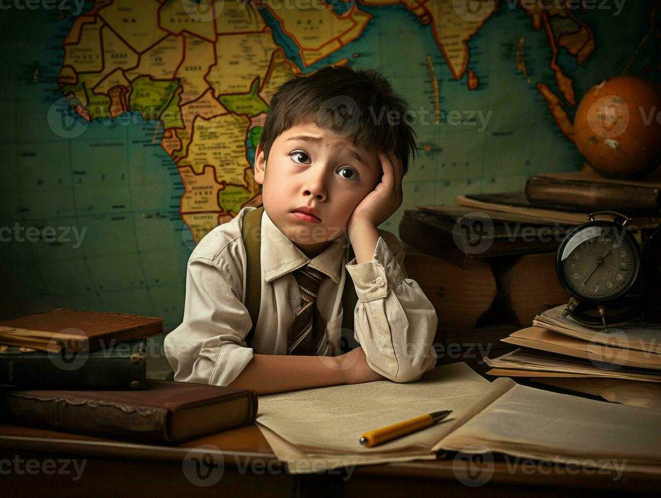 Asian kid in emotional dynamic pose in school AI Generative photo