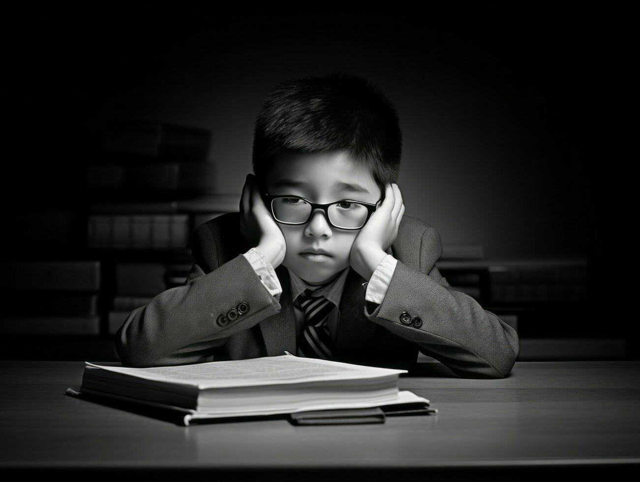 Asian kid in emotional dynamic pose in school AI Generative photo