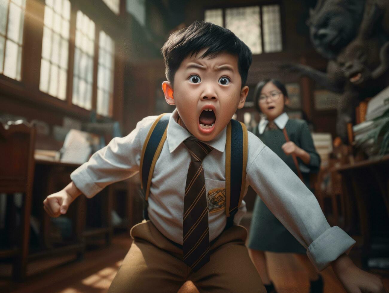 Asian kid in emotional dynamic pose in school AI Generative photo