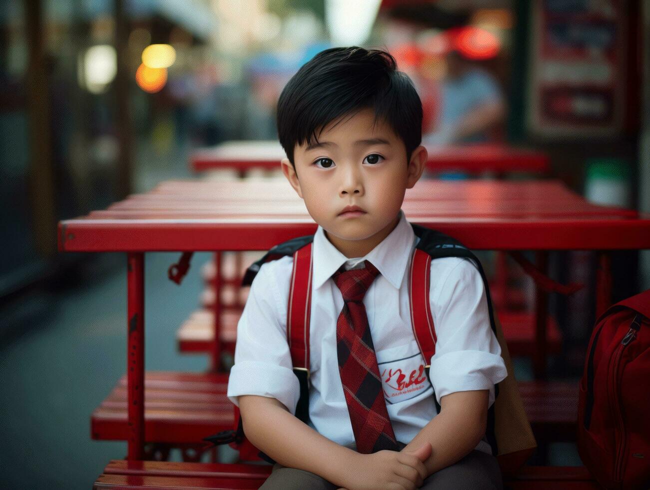 Asian kid in emotional dynamic pose in school AI Generative photo