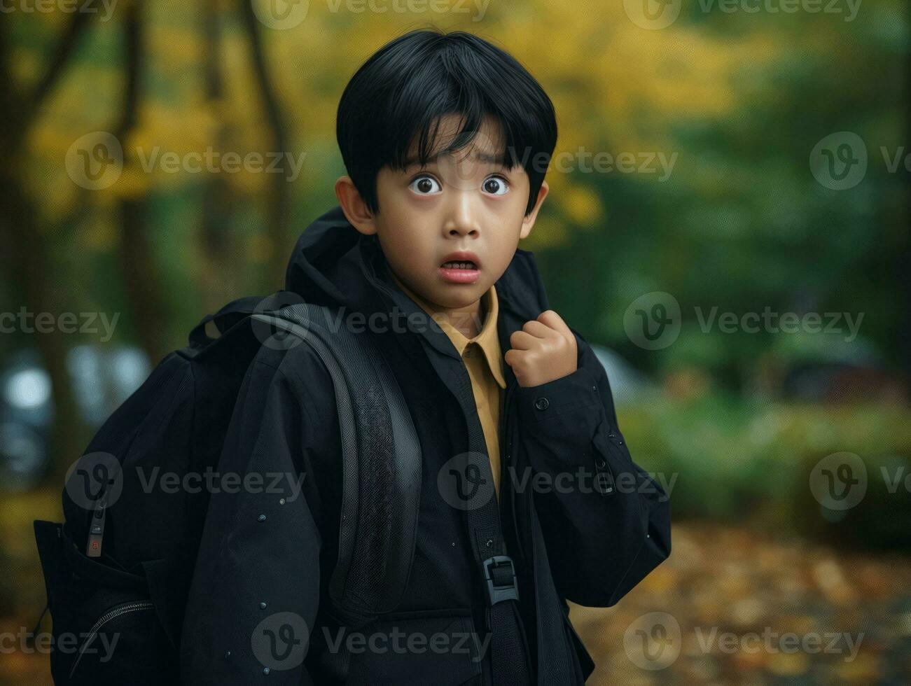 Asian kid in emotional dynamic pose in school AI Generative photo