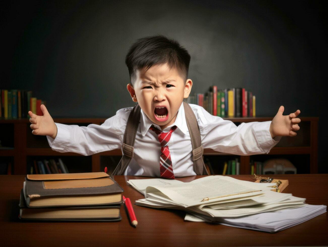 Asian kid in emotional dynamic pose in school AI Generative photo