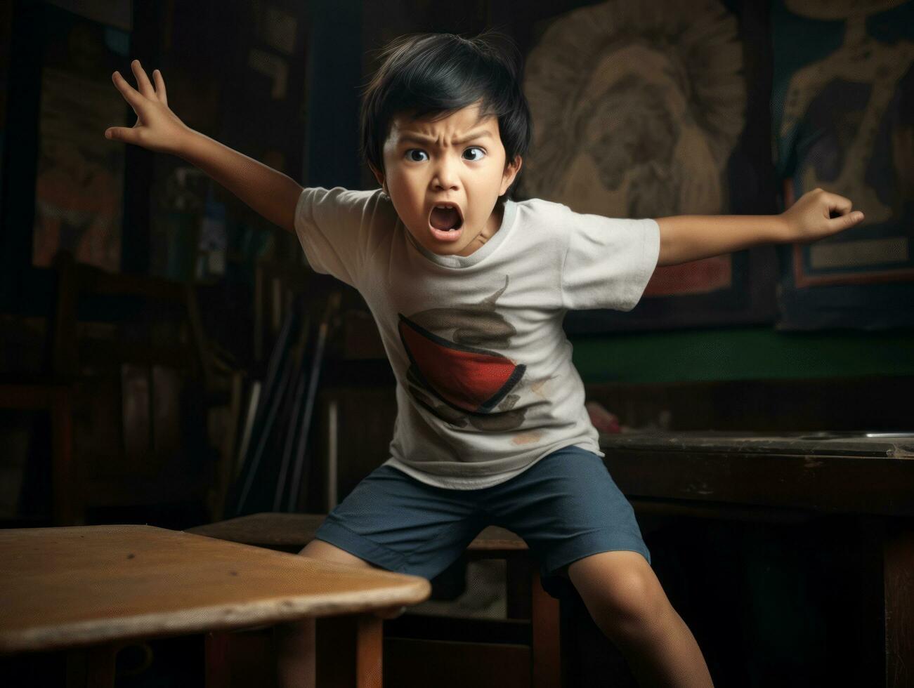 Asian kid in emotional dynamic pose in school AI Generative photo