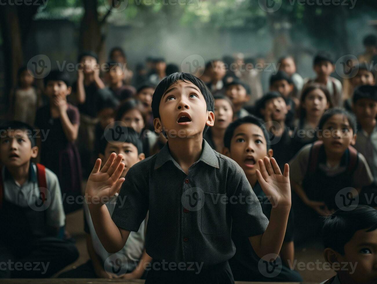 Asian kid in emotional dynamic pose in school AI Generative photo
