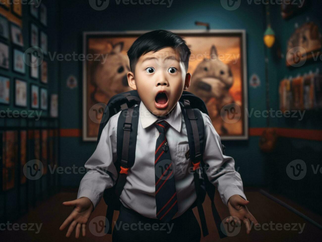 Asian kid in emotional dynamic pose in school AI Generative photo