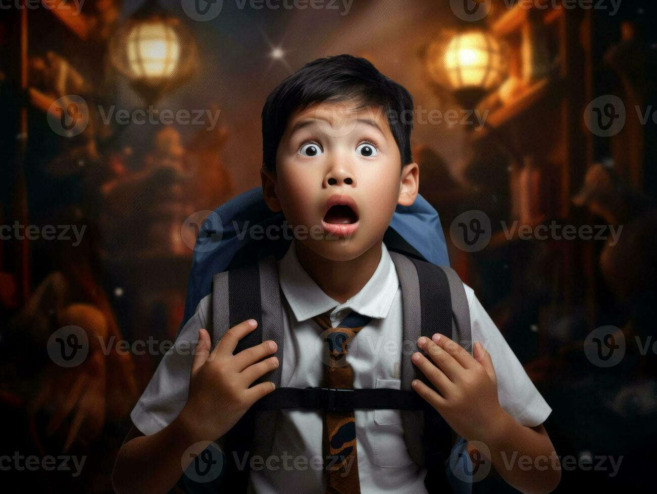 Asian kid in emotional dynamic pose in school AI Generative photo