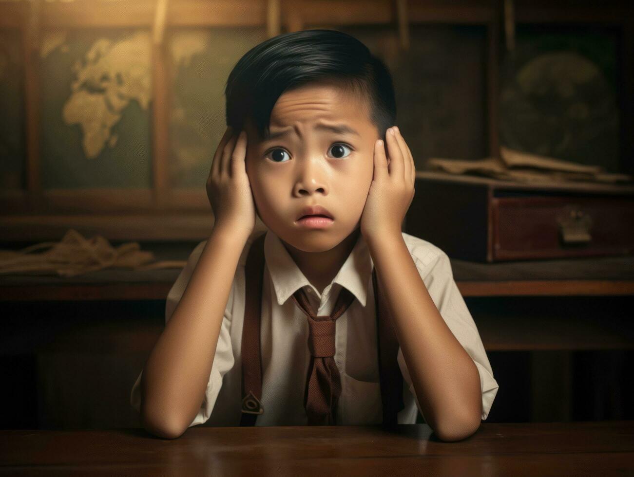 Asian kid in emotional dynamic pose in school AI Generative photo