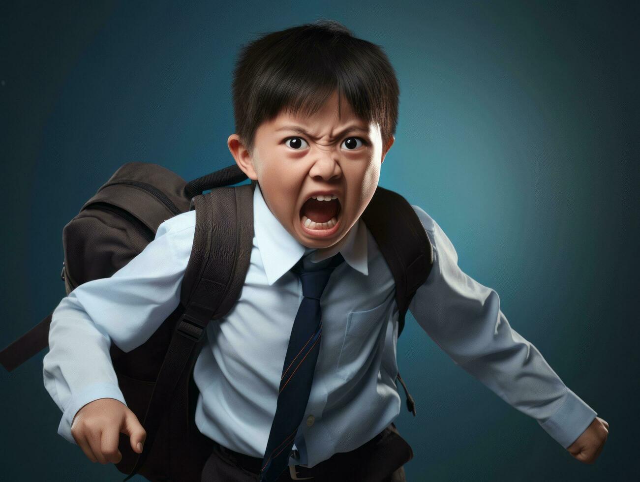 Asian kid in emotional dynamic pose in school AI Generative photo