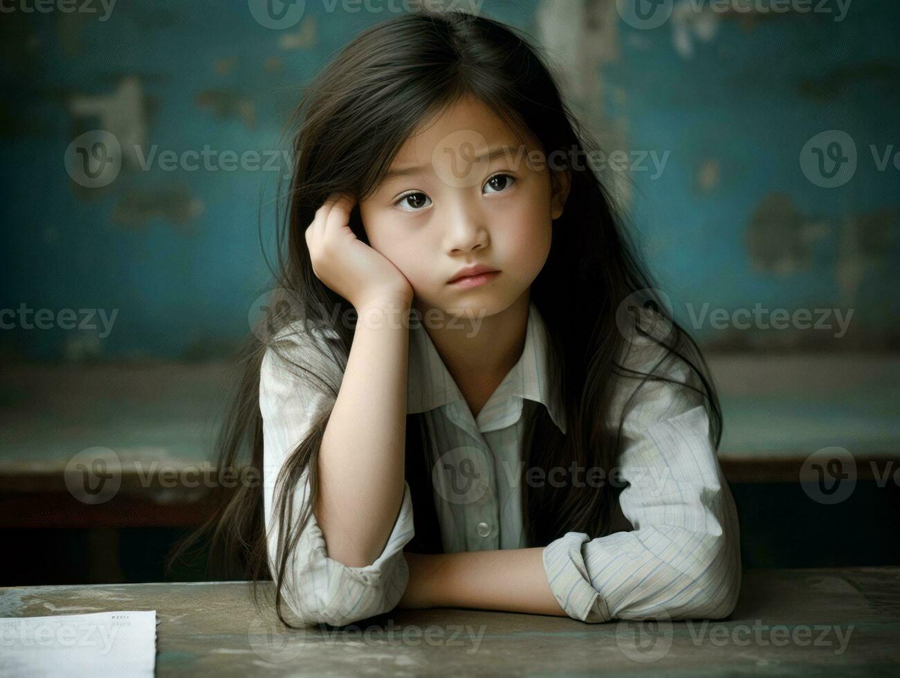 Asian kid in emotional dynamic pose in school AI Generative photo