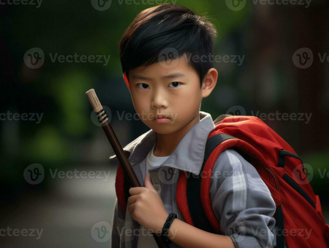 Asian kid in emotional dynamic pose in school AI Generative photo