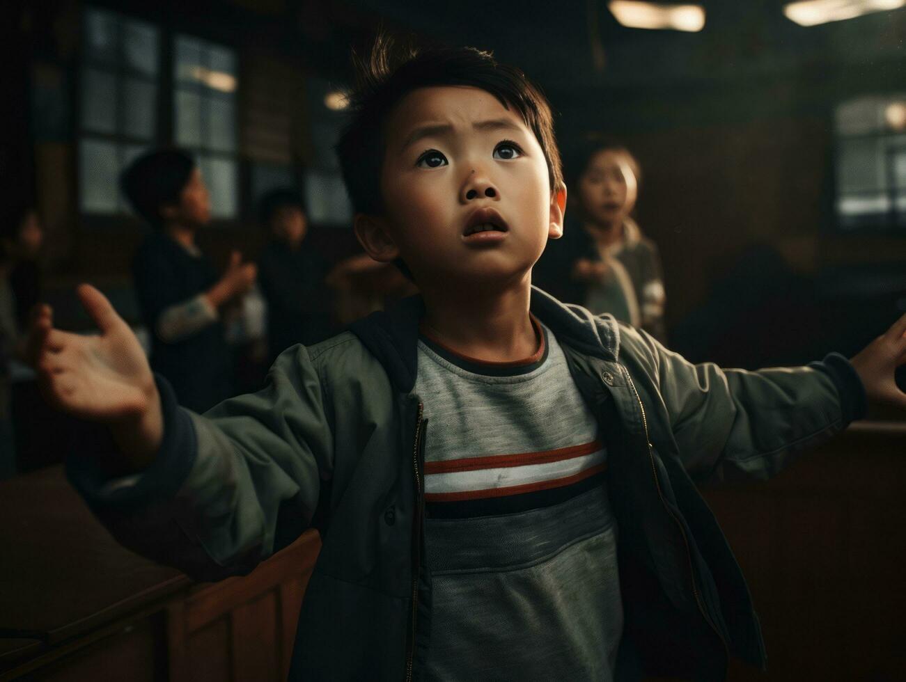 Asian kid in emotional dynamic pose in school AI Generative photo