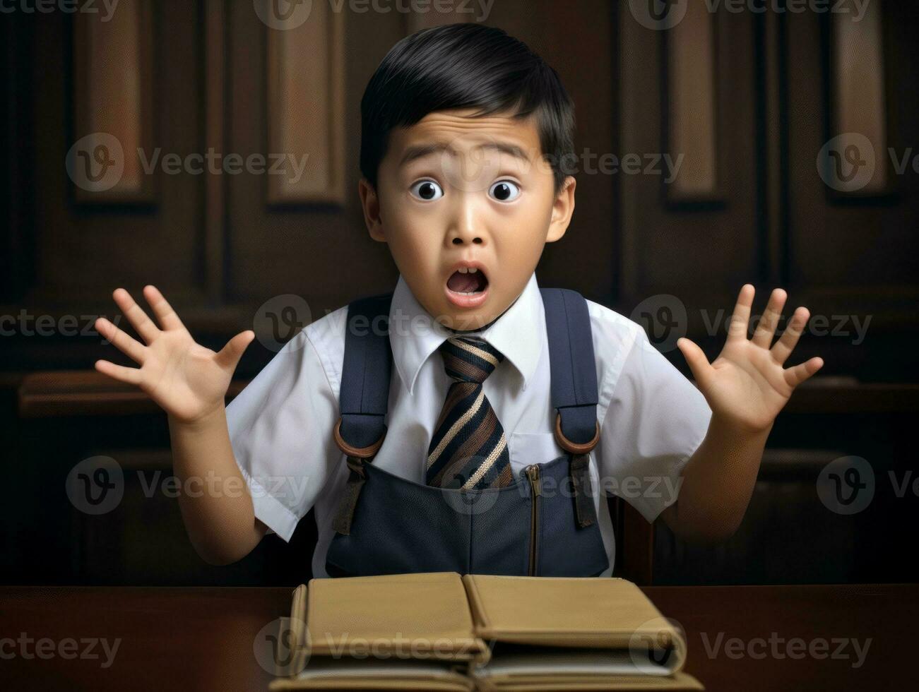Asian kid in emotional dynamic pose in school AI Generative photo