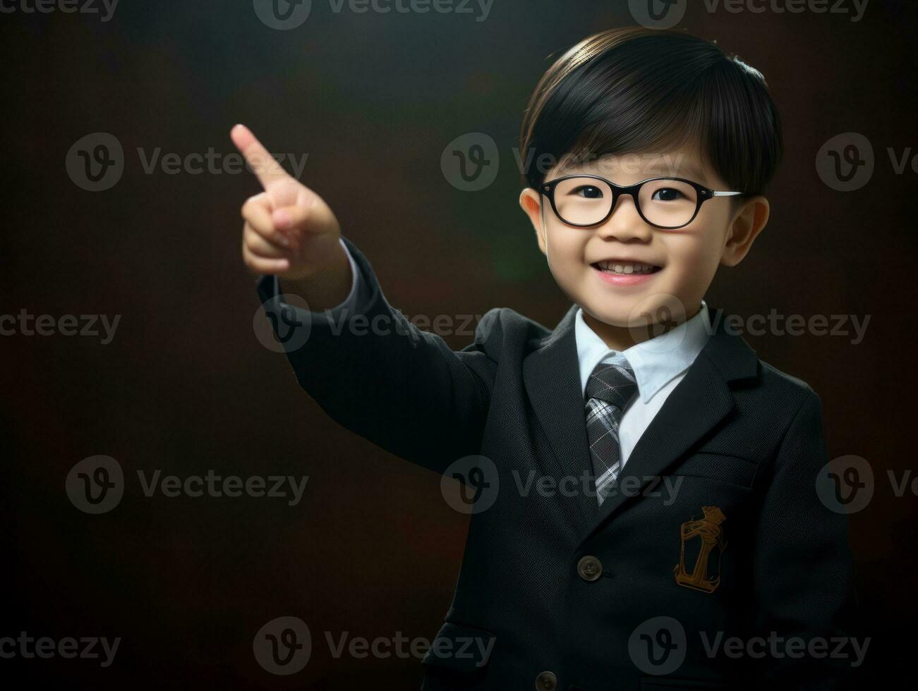 Asian kid in emotional dynamic pose in school AI Generative photo