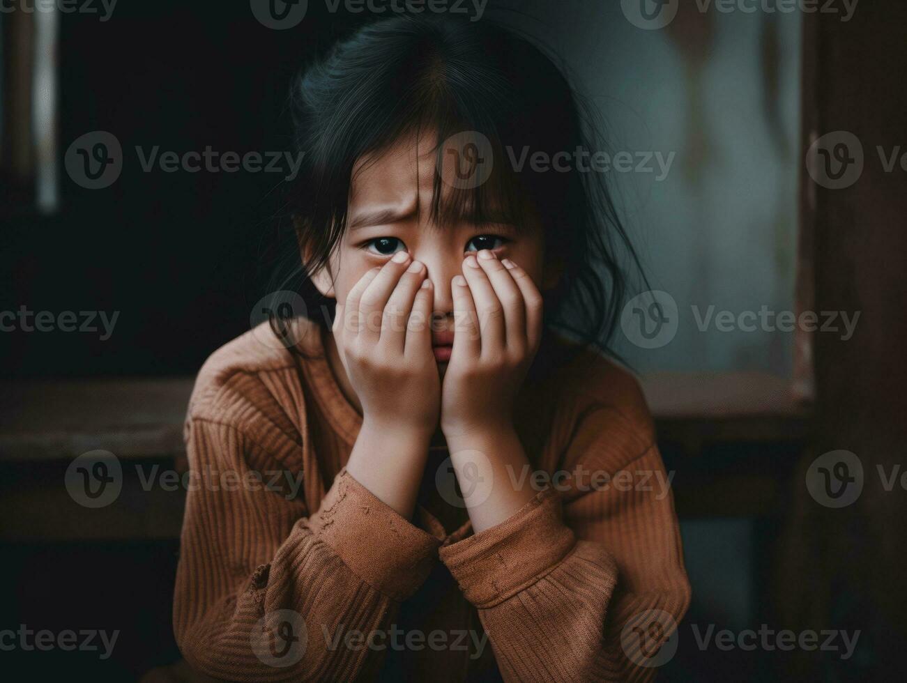 Asian kid in emotional dynamic pose in school AI Generative photo