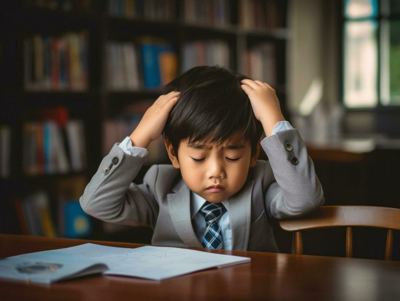 Asian kid in emotional dynamic pose in school AI Generative photo