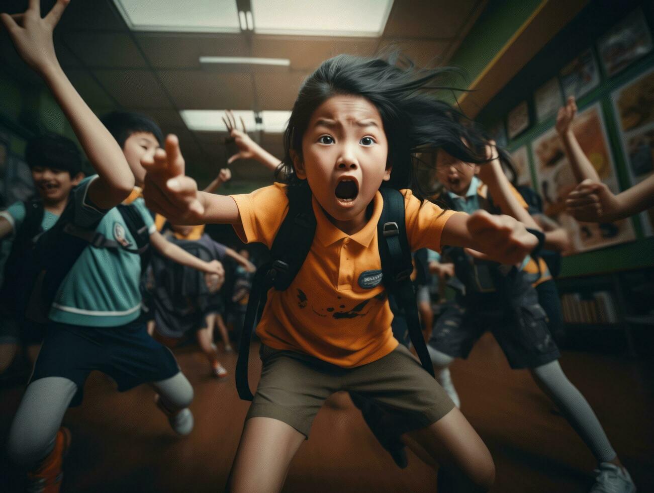 Asian kid in emotional dynamic pose in school AI Generative photo