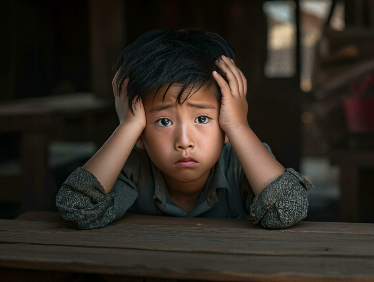 Asian kid in emotional dynamic pose in school AI Generative photo