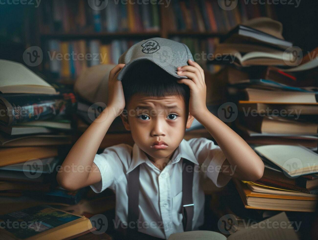 Asian kid in emotional dynamic pose in school AI Generative photo