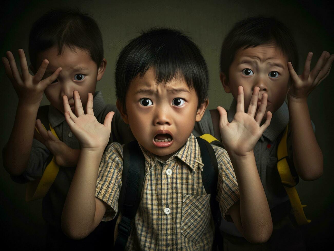 asiático niño en emocional dinámica actitud en colegio ai generativo foto