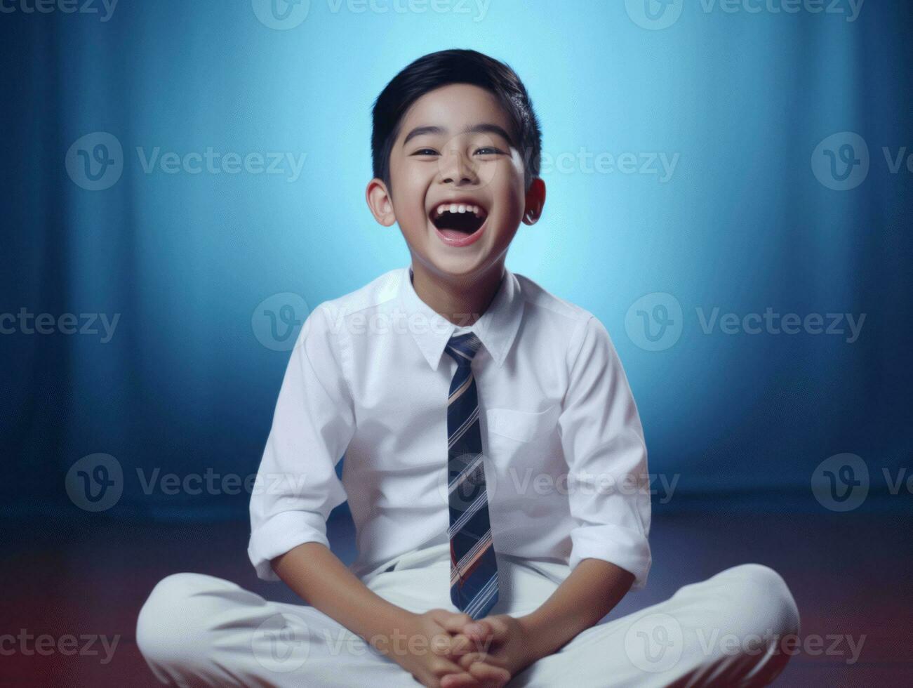 Asian kid in emotional dynamic pose in school AI Generative photo