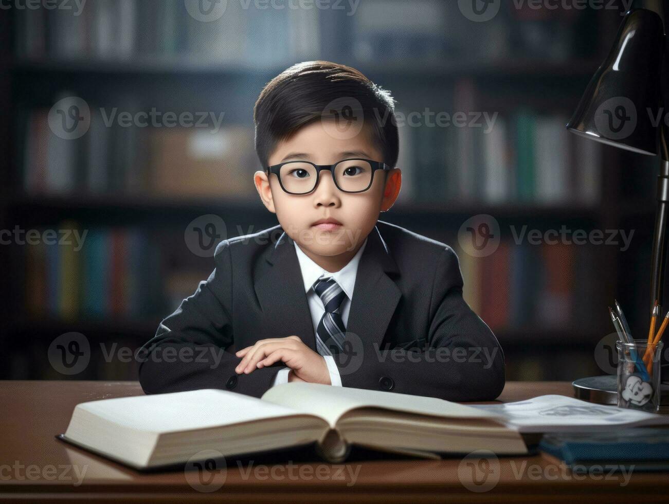 Asian kid in emotional dynamic pose in school AI Generative photo