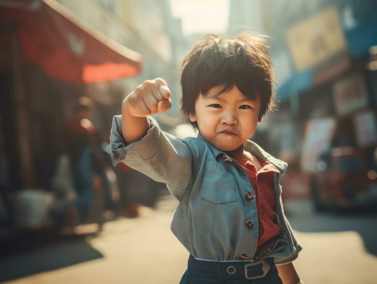 Asian kid in emotional dynamic pose in school AI Generative photo