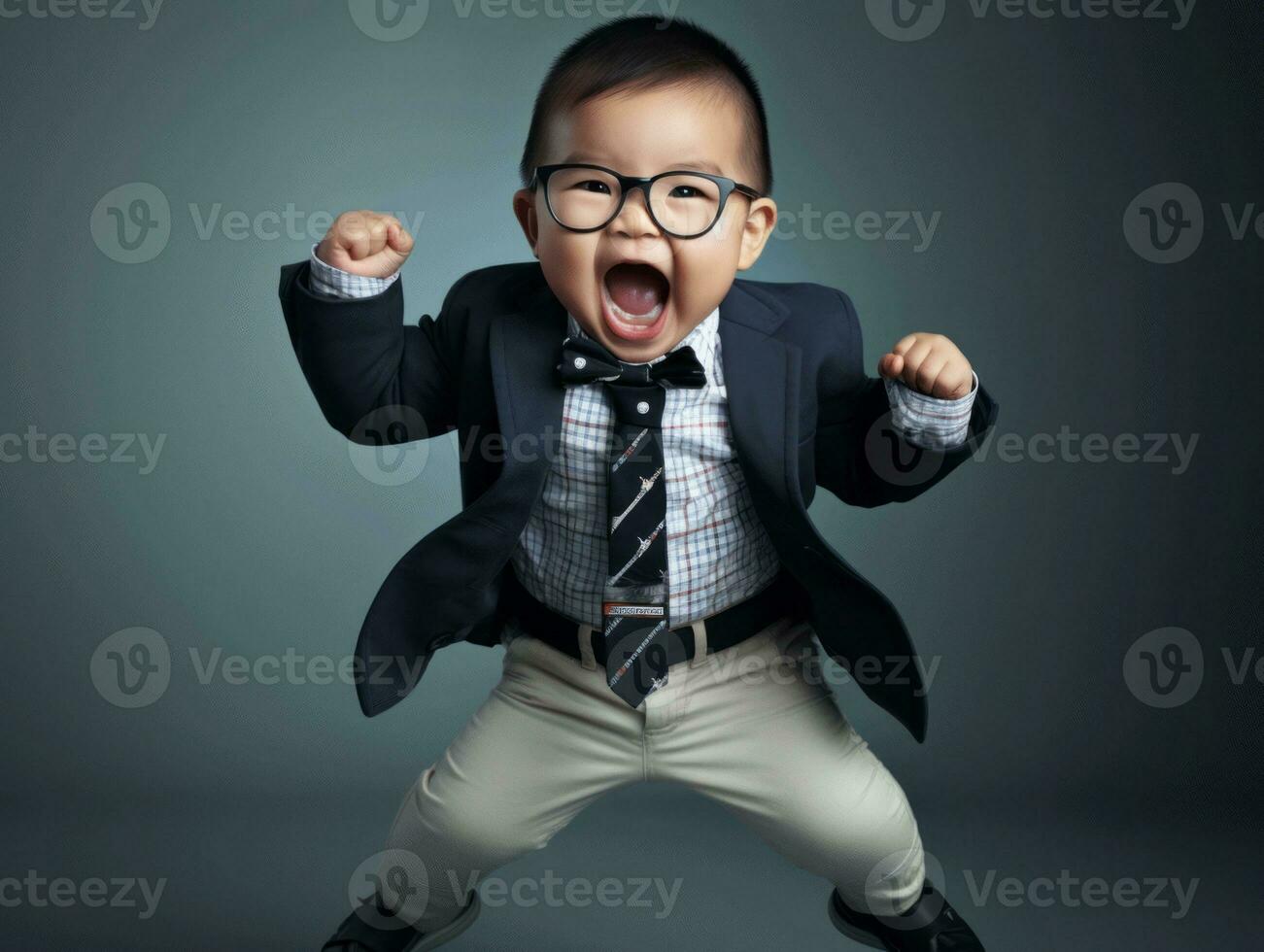 Asian kid in emotional dynamic pose in school AI Generative photo