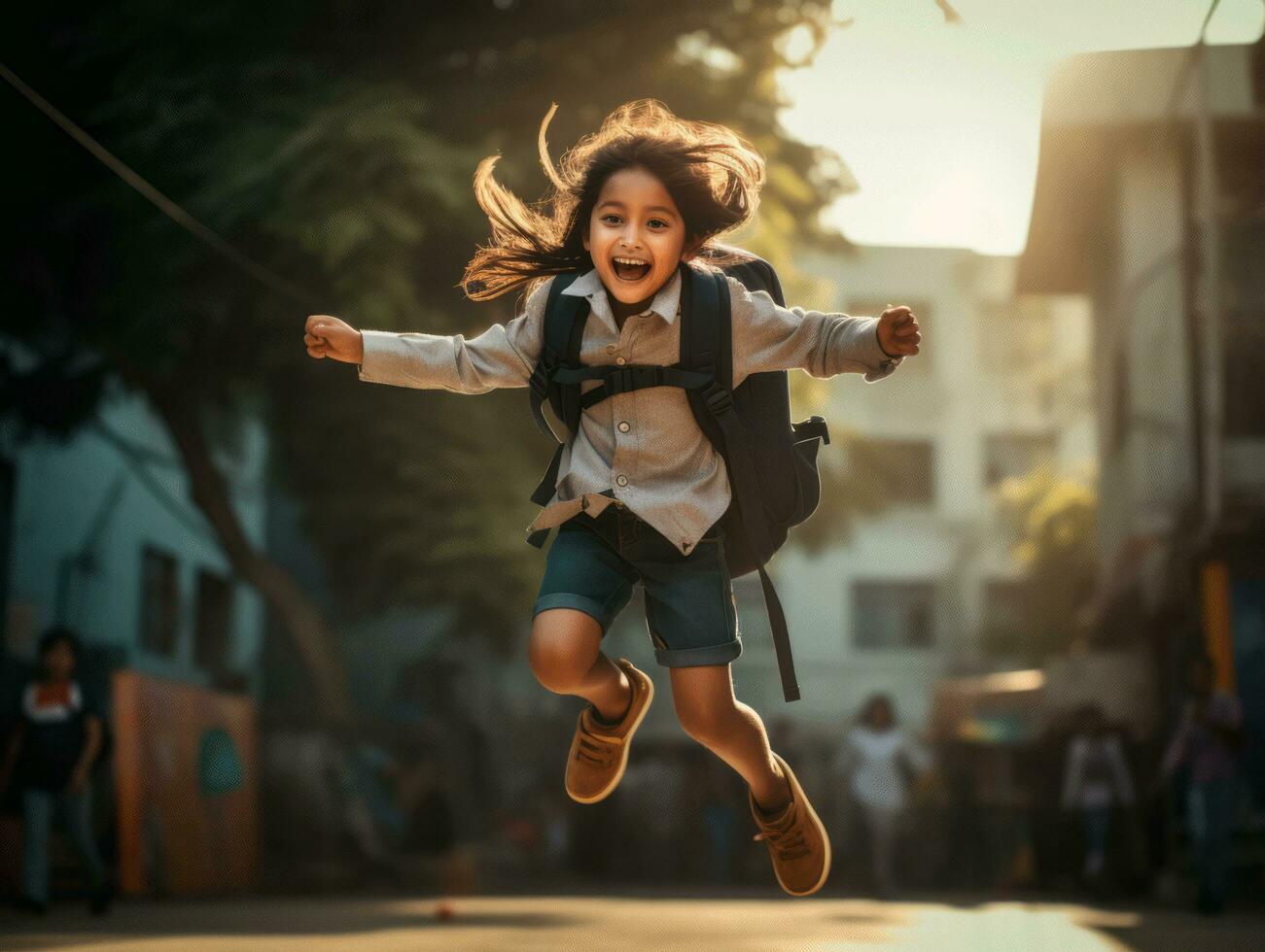 Asian kid in emotional dynamic pose in school AI Generative photo