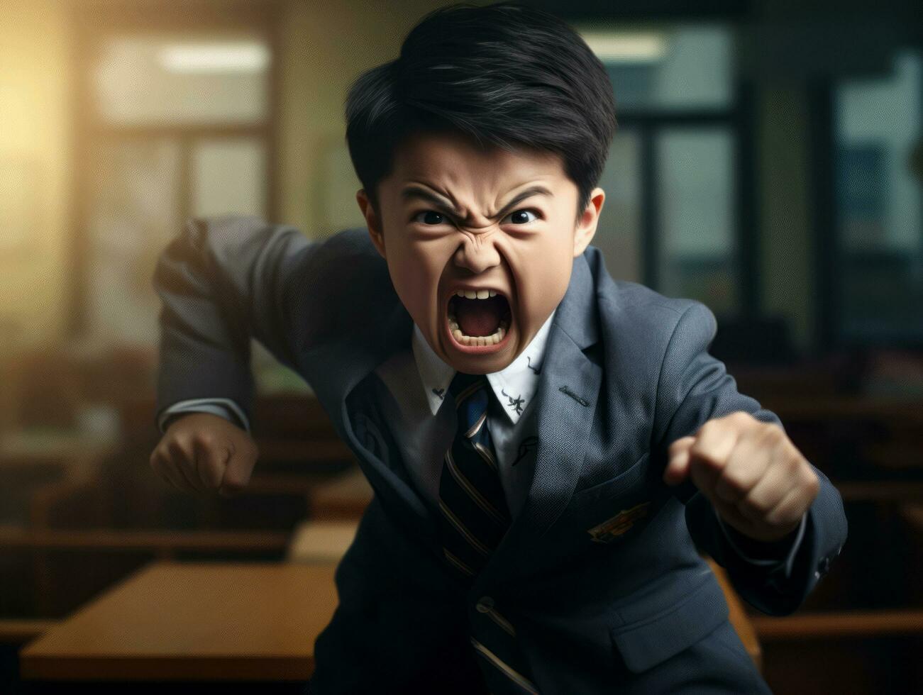 Asian kid in emotional dynamic pose in school AI Generative photo