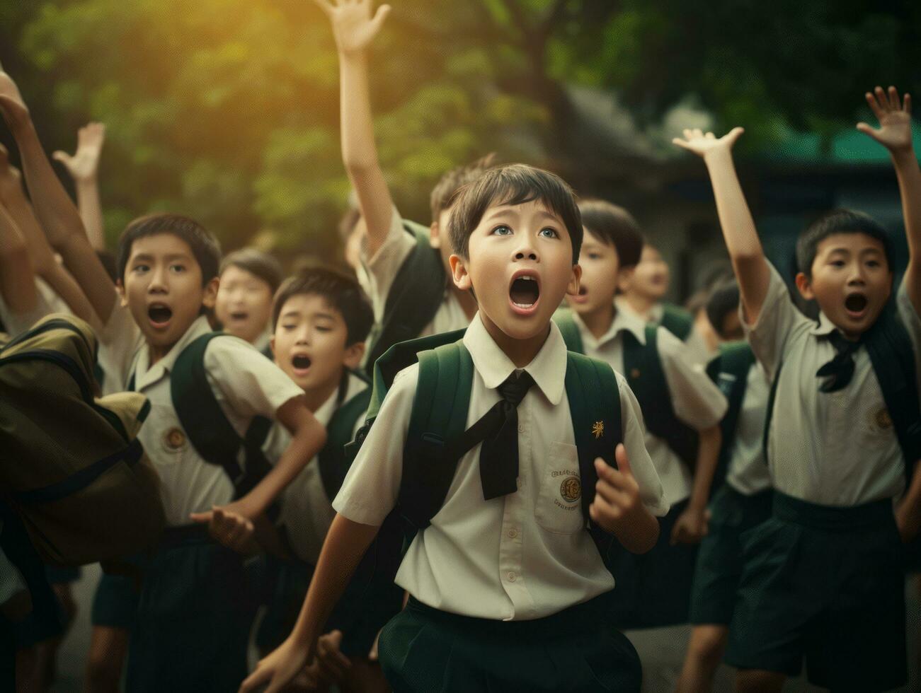 Asian kid in emotional dynamic pose in school AI Generative photo