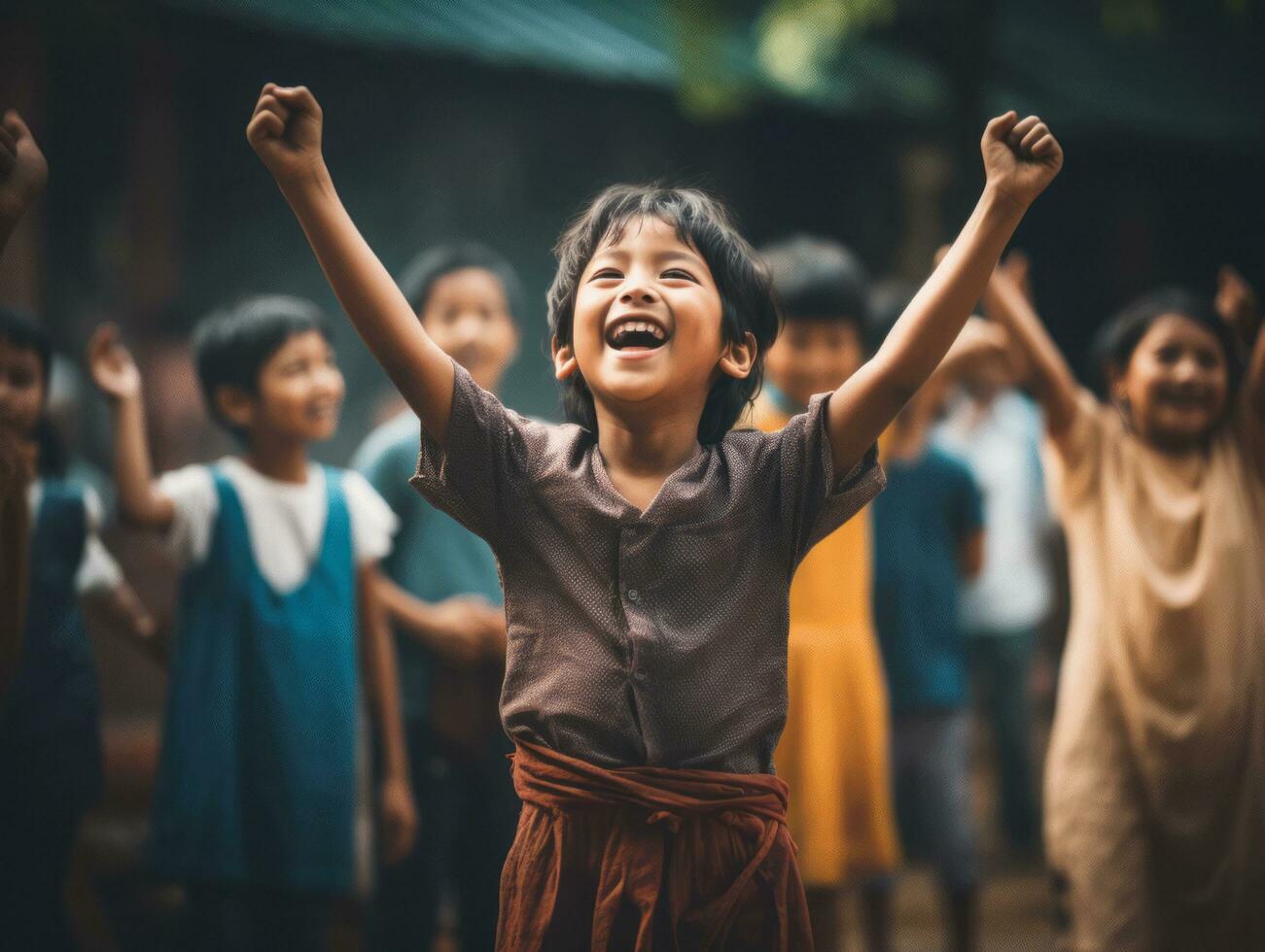 Asian kid in emotional dynamic pose in school AI Generative photo