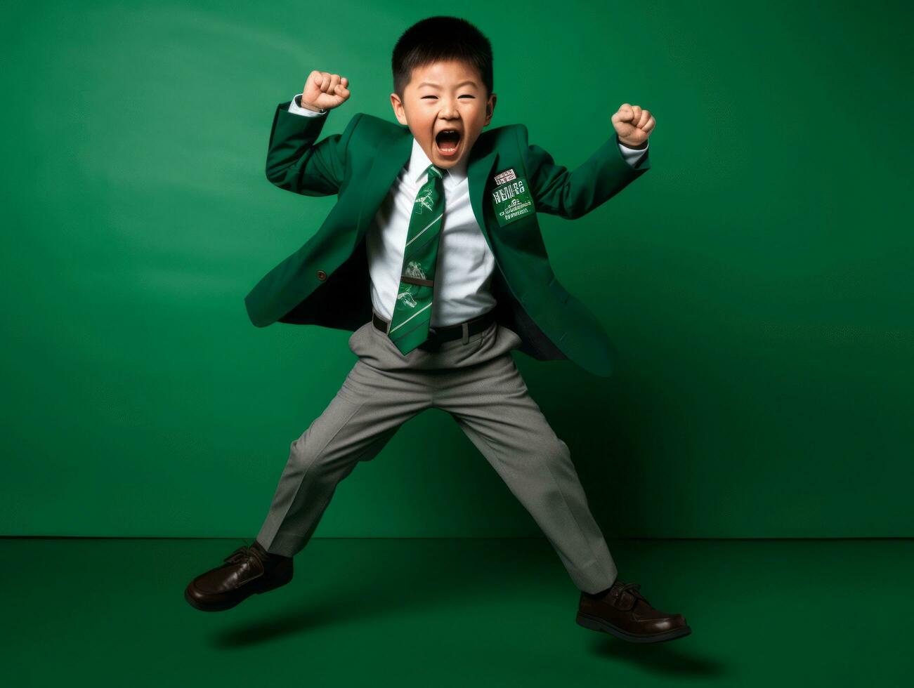 Asian kid in emotional dynamic pose in school AI Generative photo