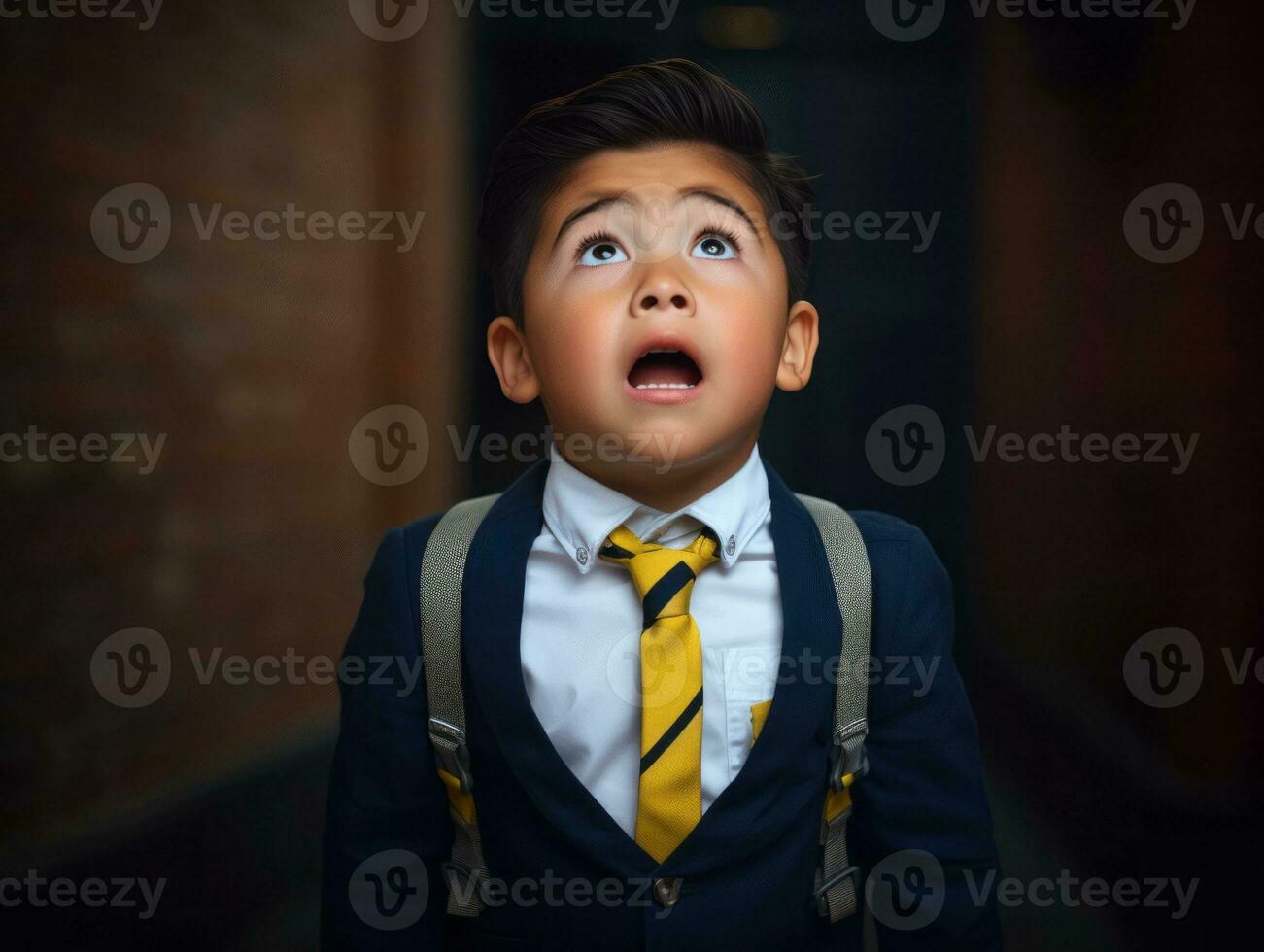 Asian kid in emotional dynamic pose in school AI Generative photo