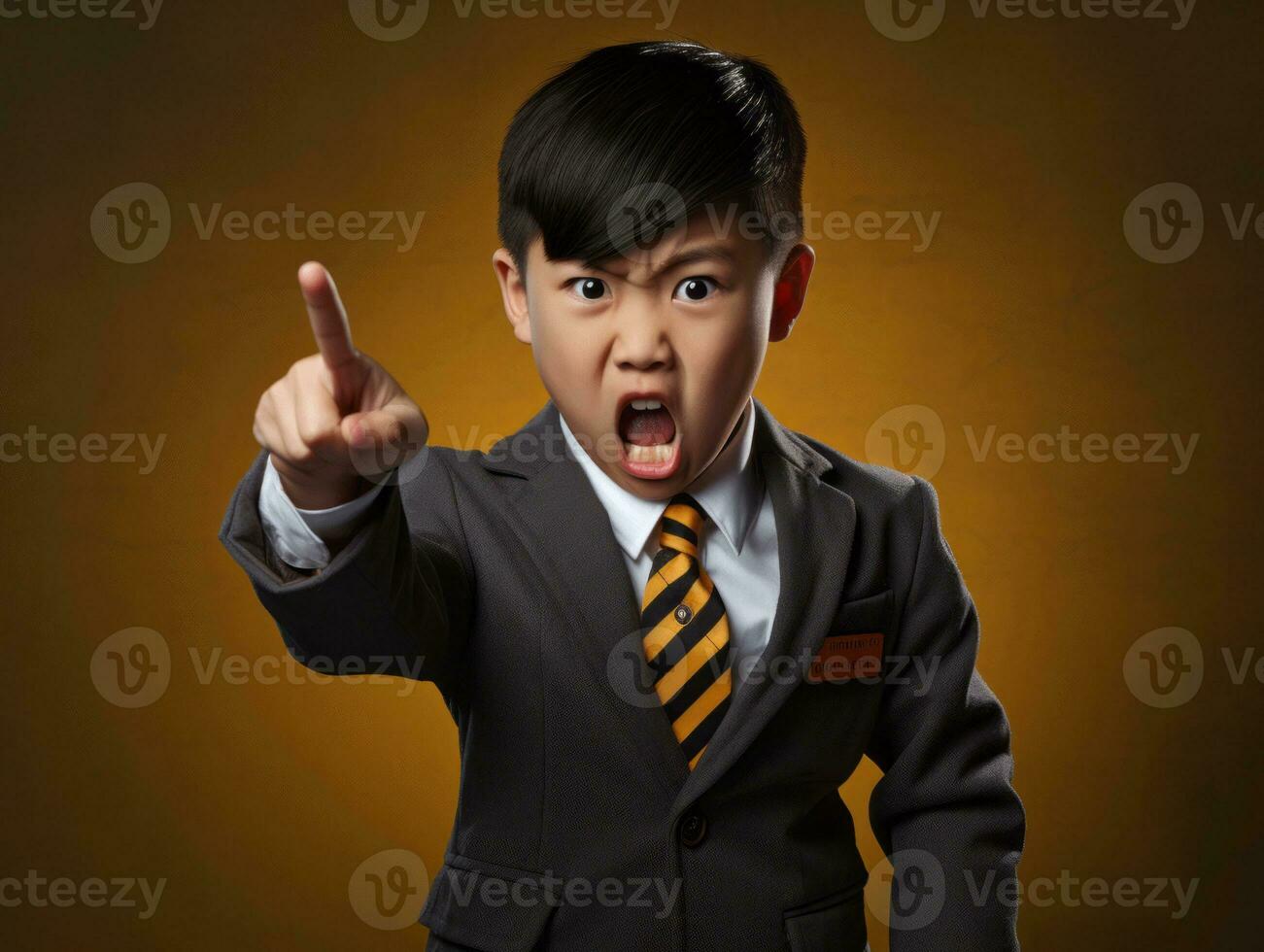 Asian kid in emotional dynamic pose in school AI Generative photo