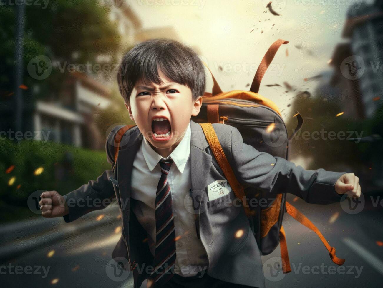 Asian kid in emotional dynamic pose in school AI Generative photo