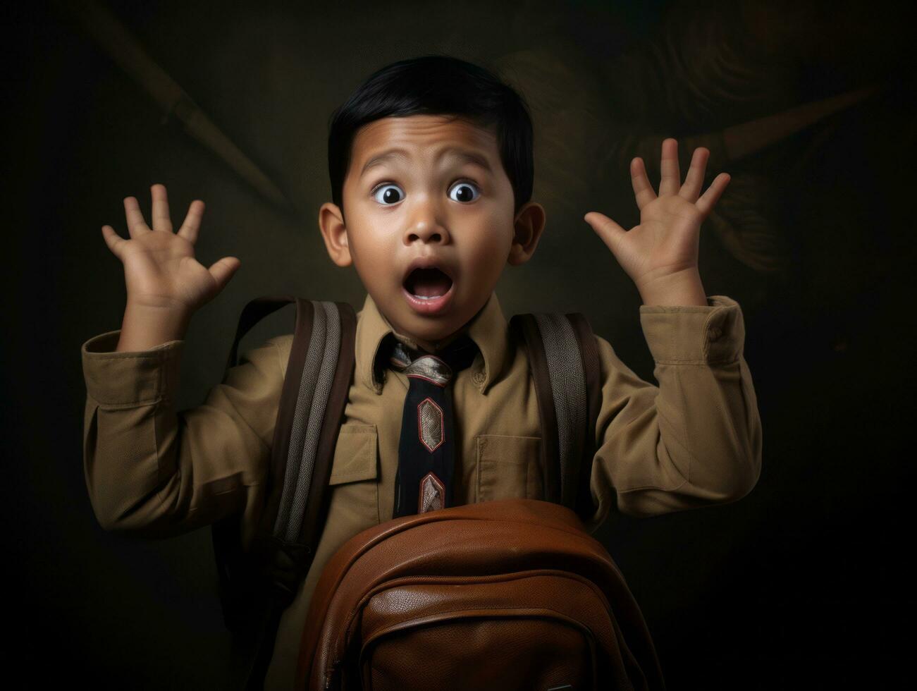 Asian kid in emotional dynamic pose in school AI Generative photo