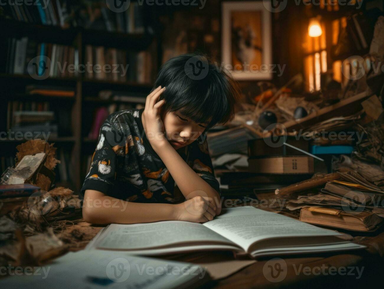 Asian kid in emotional dynamic pose in school AI Generative photo