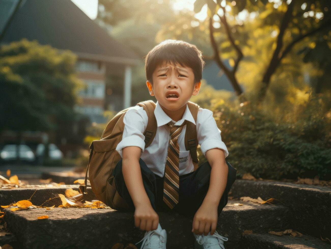 Asian kid in emotional dynamic pose in school AI Generative photo
