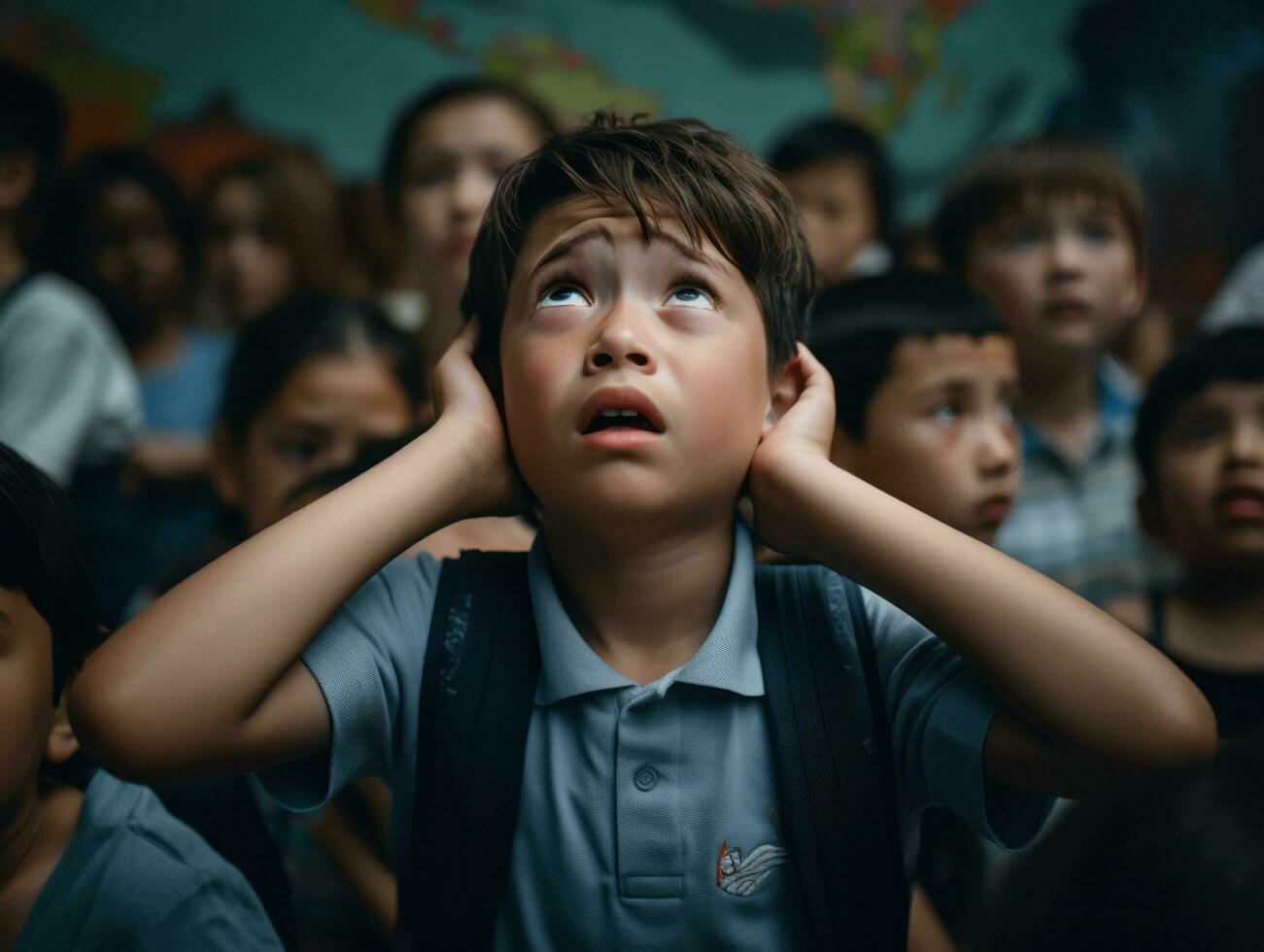 Asian kid in emotional dynamic pose in school AI Generative photo