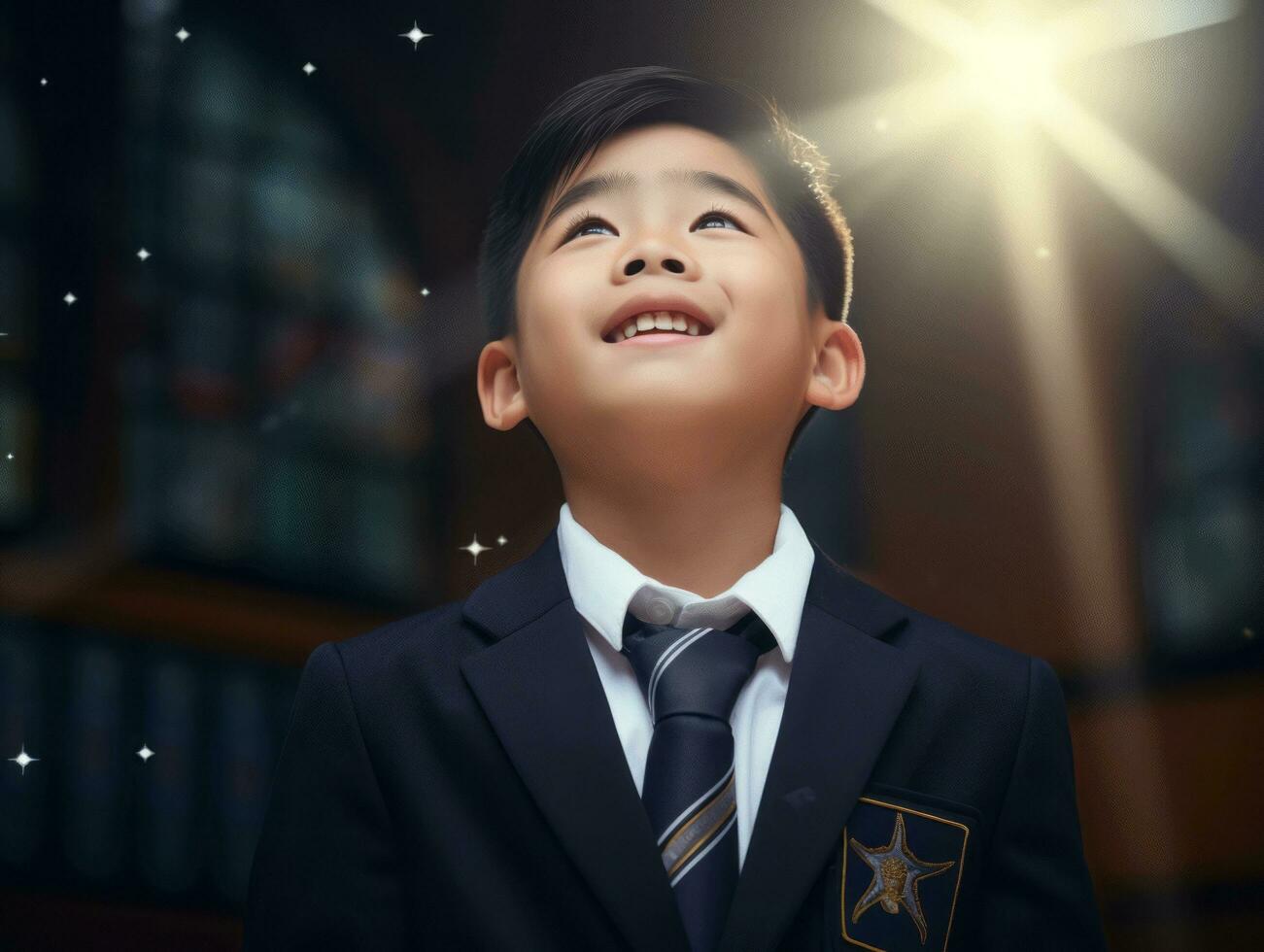 Asian kid in emotional dynamic pose in school AI Generative photo